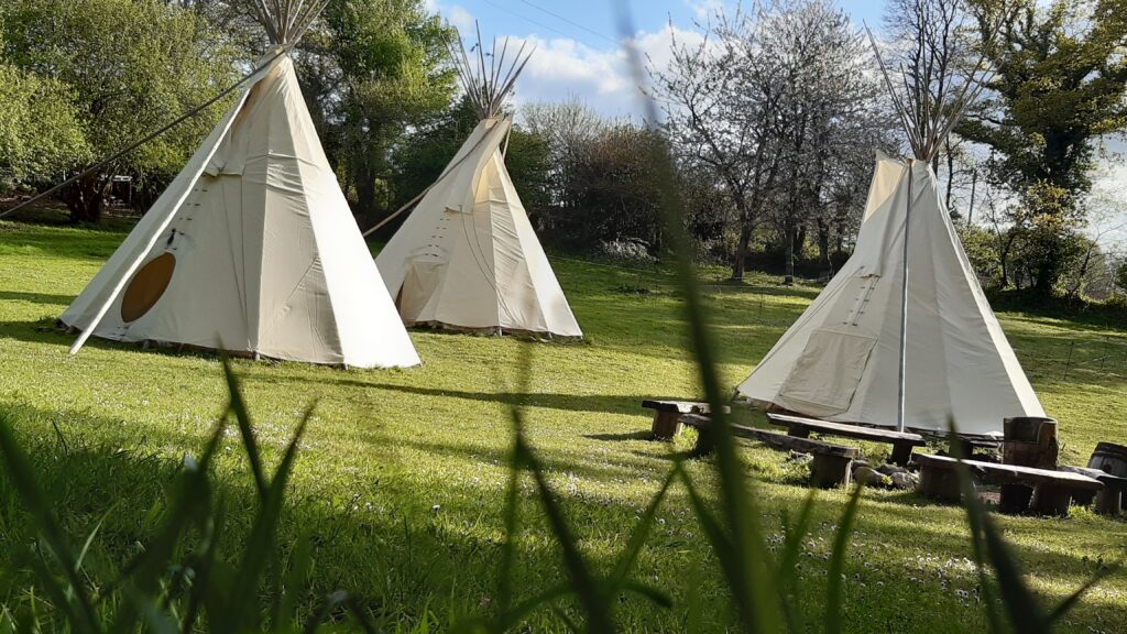 3 tipis au milieu de la prairie
